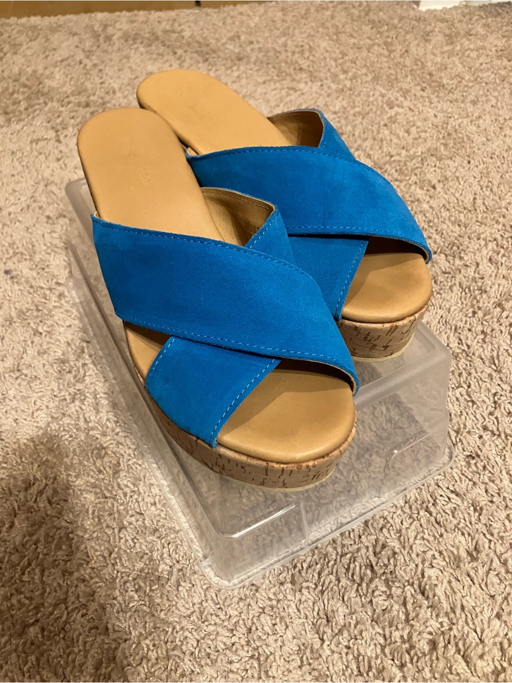 Garnet Hill Bright Blue Suede Cork Wedge Slides
